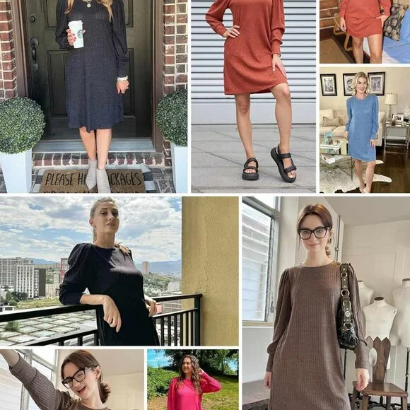 Caramel Women's Knit Dress with Puff Sleeves - Perfect for Fall & Winter - Picture 6 of 6